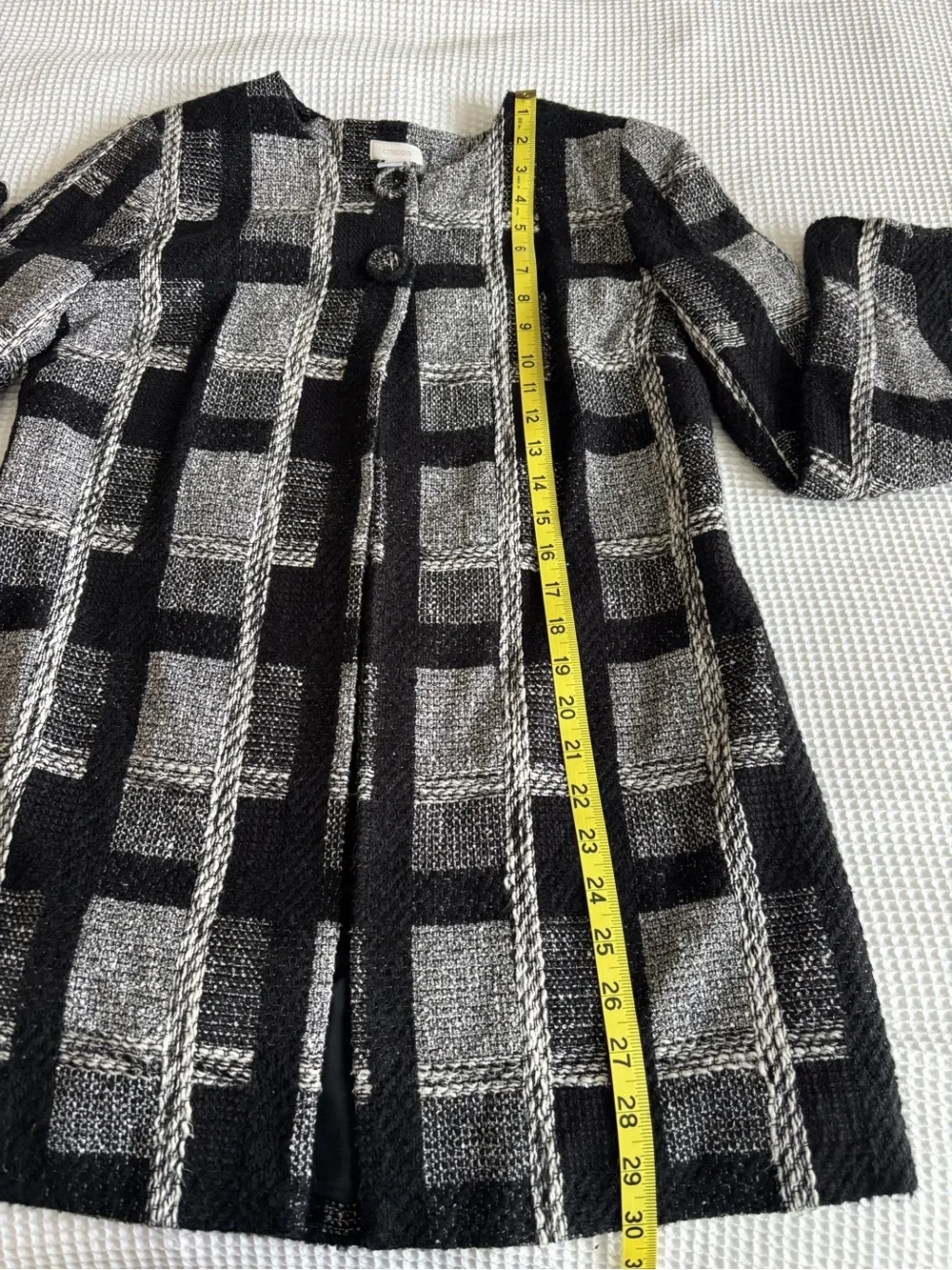 Chico's Black and White Tweed Plaid Button Jacket